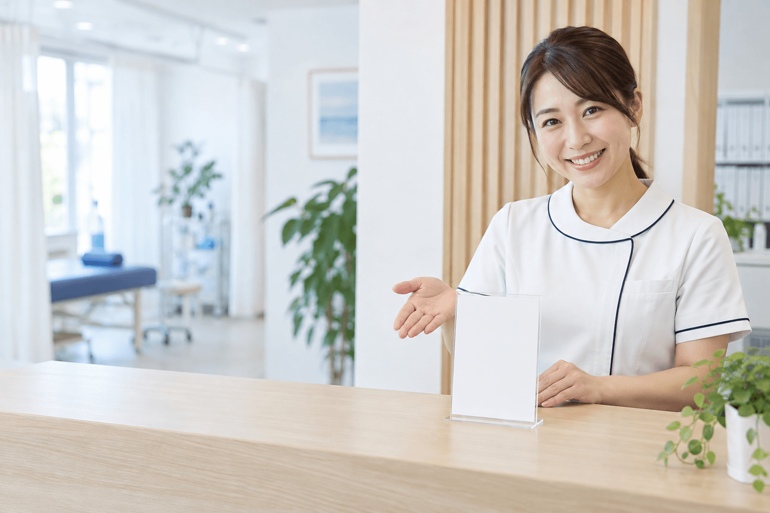院の受付で案内スタンドを紹介するスタッフのイメージ